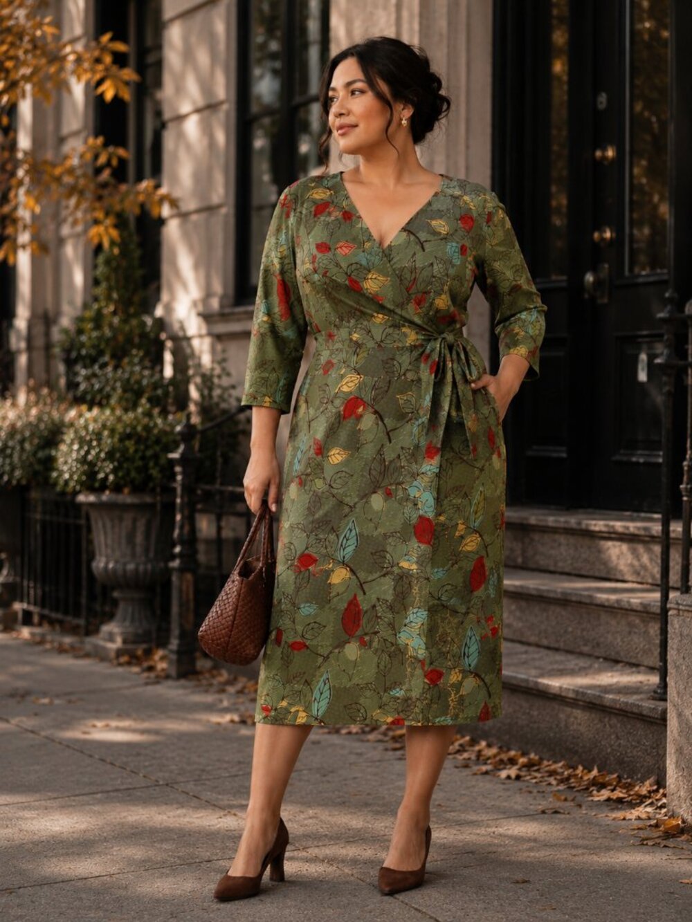 MODCLOTH Fall Leaves Green Wrap Dress 3/4 Sleeve Retro Fall Earthy Chic Midi XXL